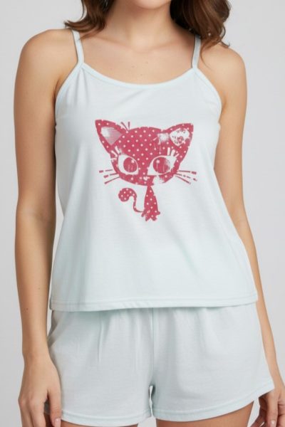 Conjunto de 2 Peças de Pijama Primavera/Verão Mulher – Top de Alças Gato Fofo + Calções Mint