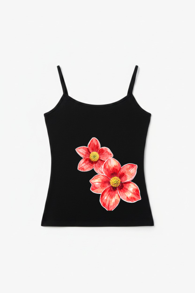 Top Preto Flores Vermelhas 1 Unidade