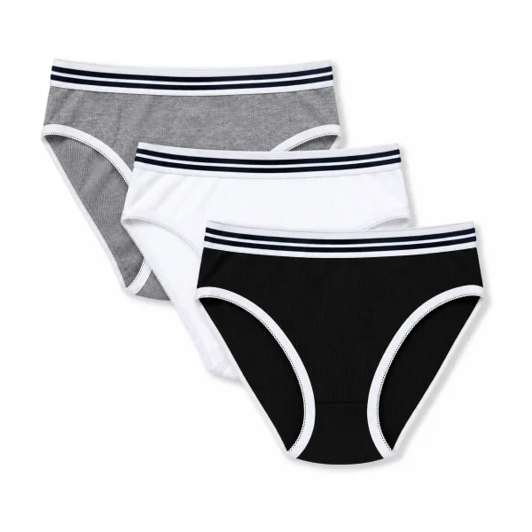 Cuecas Caneladas para Mulher 100% Algodão Pack 3 – Cinzento, Branco e Preto